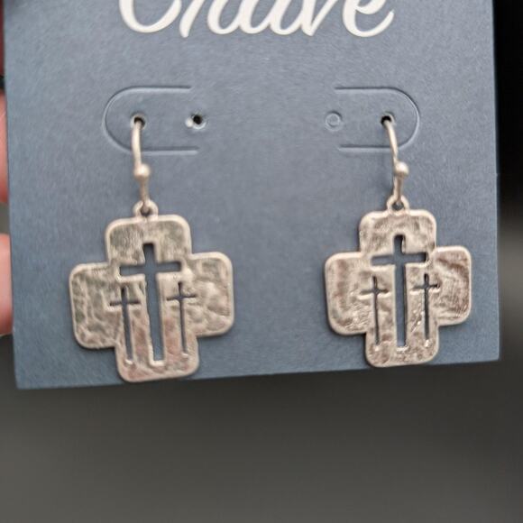 Crave Three Cross Drop Earrings Silver Tone Christian Religious Jewelry New - Picture 1 of 6